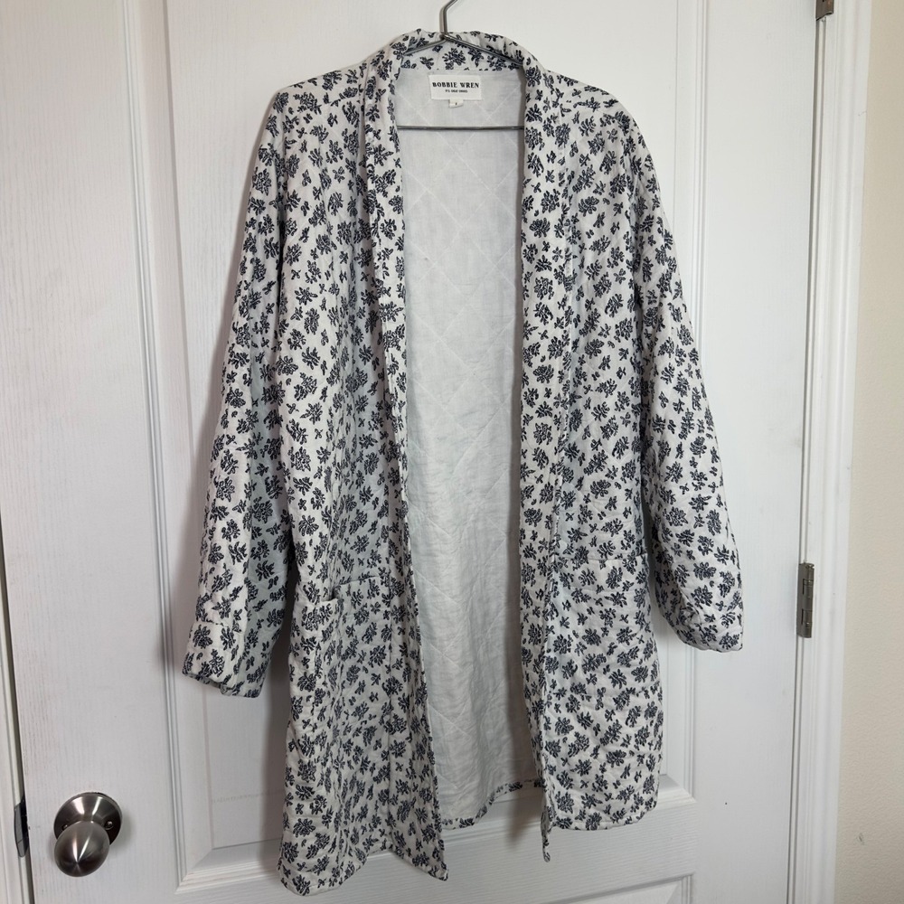 Bobbie Wren Quilted Cotton Floral Jacket Black White Open Front Size Large Boho